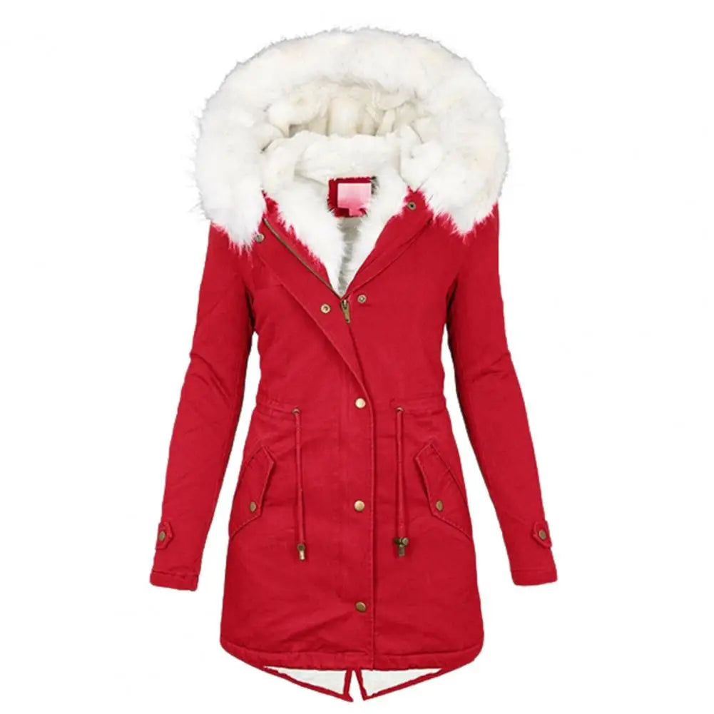 Street-Wave Long Parka Coat With Faux Fur Hood Warm Padded Winter Coat For Women