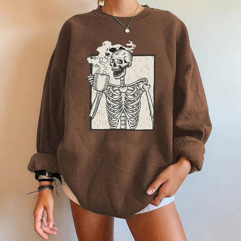 Street-Wave Lilac Halloween Sweatshirt Cozy Loose Fit Graphic Skeleton Print For Autumn Party Goers