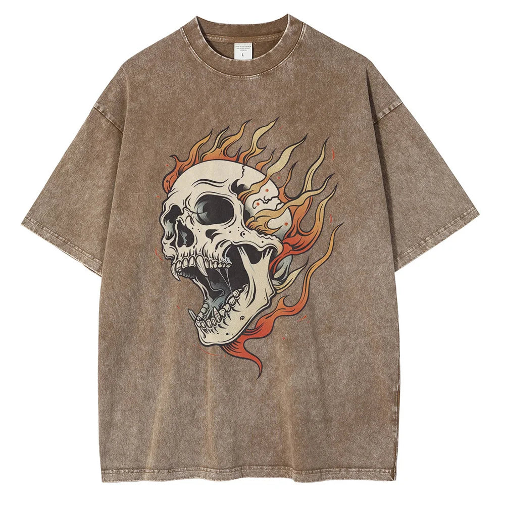Street-Wave Bone Blaze Acid Wash Skull Tee With Flame Graphic Oversized Heavyweight One Hundred Percent Cotton