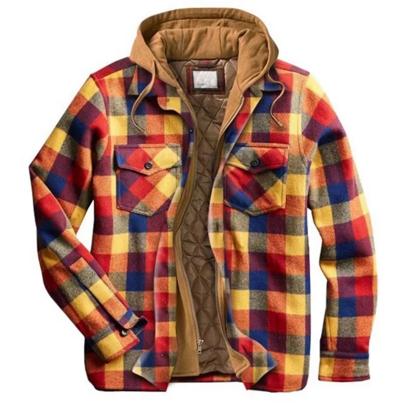 Street-Wave Mens Patchwork Checkered Cotton Hooded Jacket Thick Warm Casual Coat American Flag Design Sizes S To 5XL
