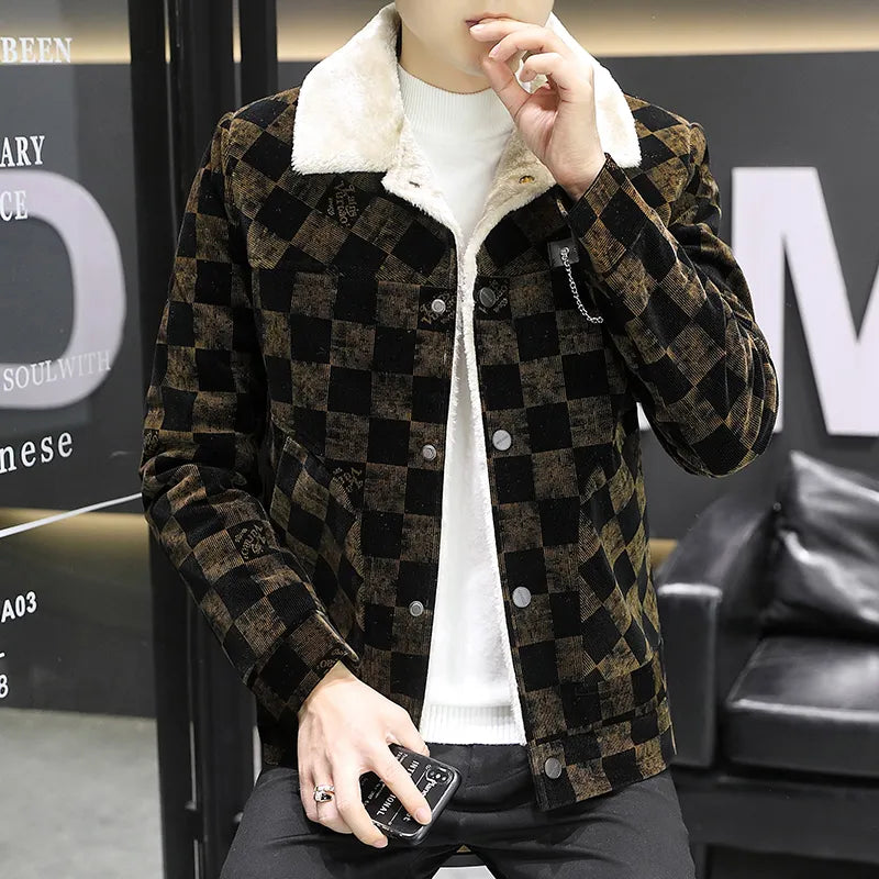 Street-Wave Check Cord Jacket With Faux Shearling Collar For Men, Modern Winter Warmth