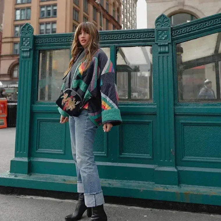 Street-wave Quilted Kimono Cardigan With Rainbow Stripes For Women Bold Colorful Outerwear