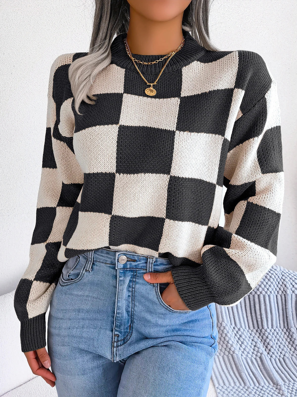 Checkered Knit Sweater Violet Street Wave Unisex Cozy Warmth