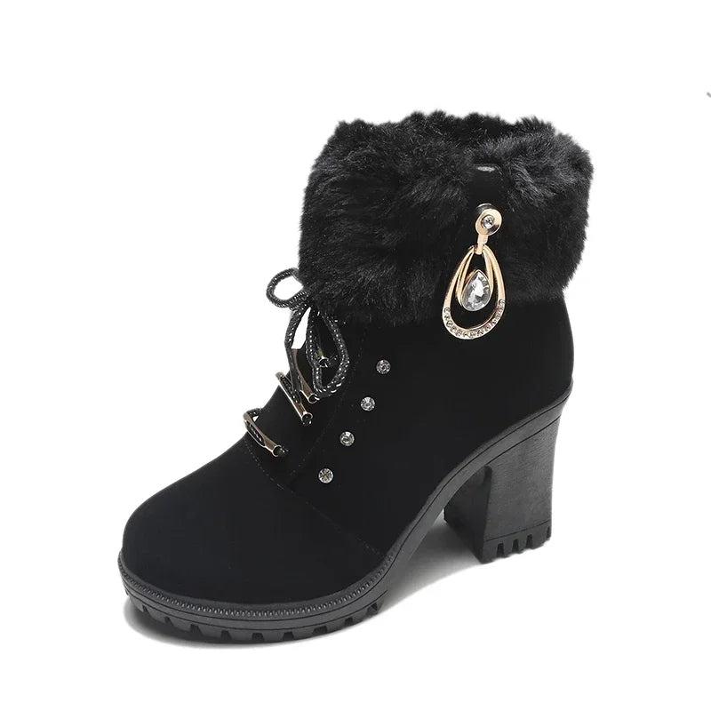 Street-wave British Style Fur Trim High Heel Ankle Boots With Side Zip For Women