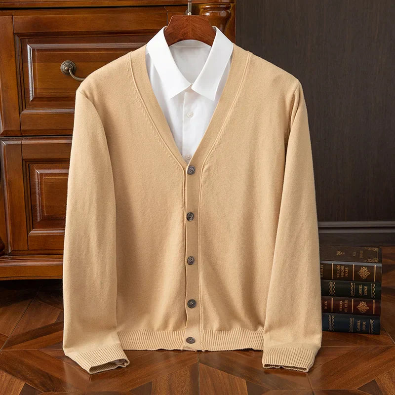Street-Wave William Heritage Grey Cashmere Wool Blend Cardigan For Men With V Neck And Relaxed Fit