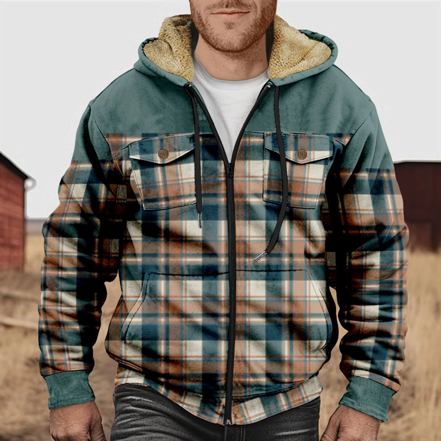 Street-Wave Fleece-Lined Plaid Flannel Hoodie Jacket For Men With Zip Closure Cozy Warm Winter Coat