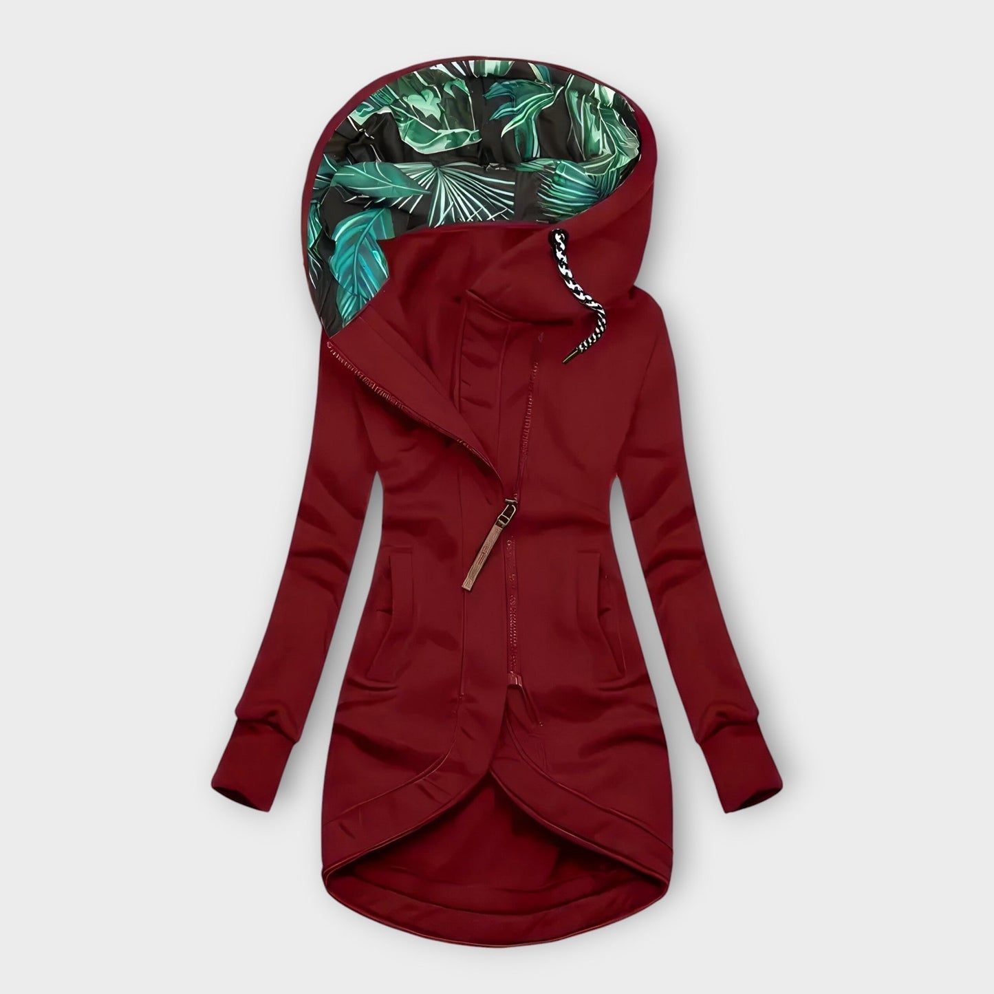 Street-wave Womens Warm And Stylish Hooded Jacket With Cozy Lined Interior And Tropical Leaf Print