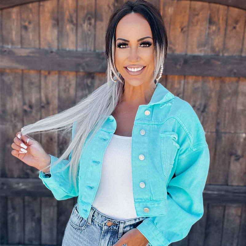 Street-wave Chic Pink Denim Jacket With Fringes for Women, Trendy Cozy Warmth Everyday Wear