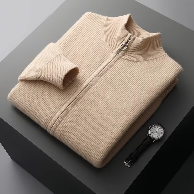 Men's 100 Percent Wool Zip Up Cardigan With Stand Collar Thick Knit Winter Sweater Jacket