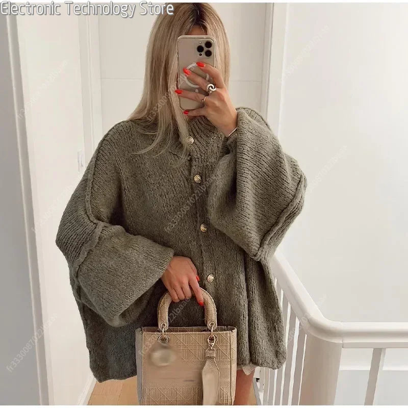 Street-Wave Knitted Cardigan Wool Acrylic Blend Button Front Cozy Yet Stylish For Women