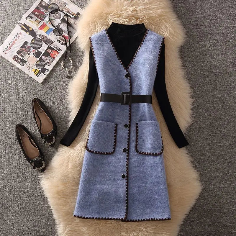 Street-Wave Knit Sweater Dress For Women Belted Blue Layered Pullover Cozy Everyday Fashion