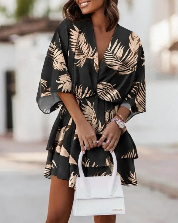 Street-Wave Floral V-Neck Mini Dress For Women With Knot Detail And Tiered Ruffle Skirt