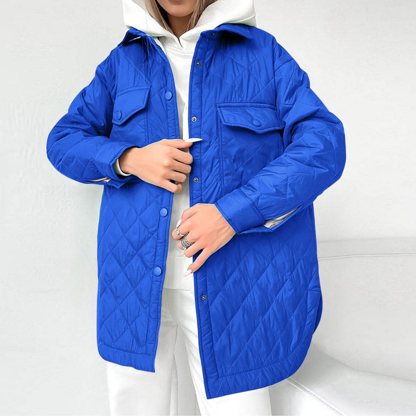 Street-Wave Long Quilted Coat With Snap Button Closure For Women Warm Winter Outerwear