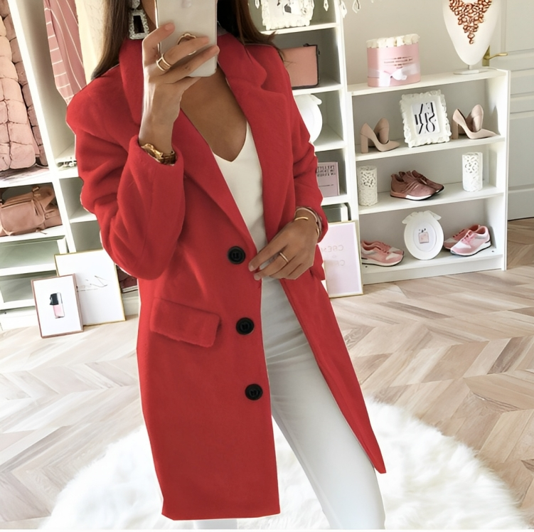 Street Wave Wool Blend Knee Length Coat With Large Buttons Classic Notch Lapel For Women