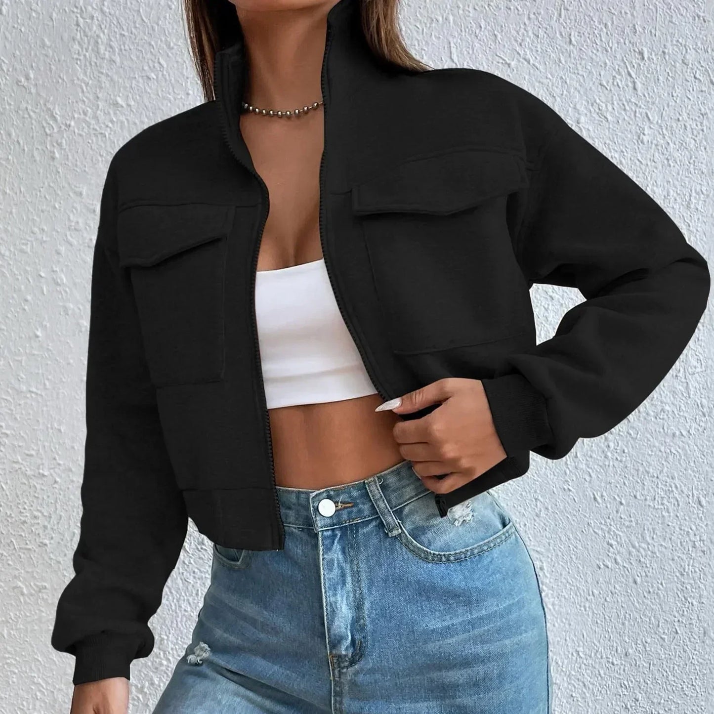 Street-Wave Zip Up Crop Top Jacket For Women With Cropped Fit And Utility Pockets Effortless Style