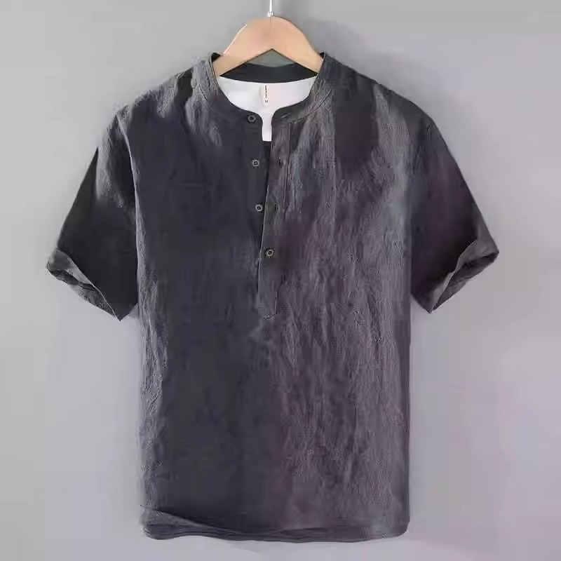 Men's Cotton Linen Short Sleeve Shirt Solid Color Casual Summer Beachwear Breathable Lightweight