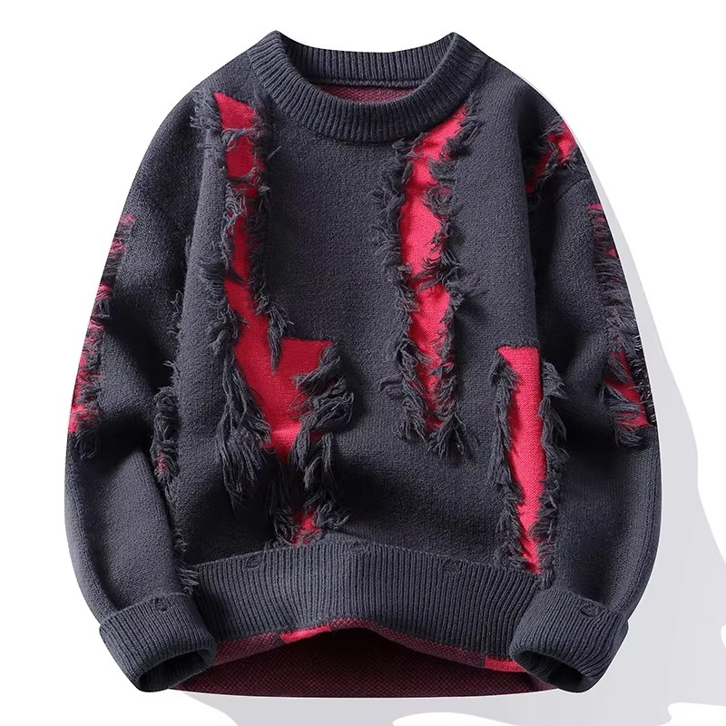 Men's Distressed Ripped Knit Patchwork Sweater Loose Fit Crew Neck Pullover Street-Wave