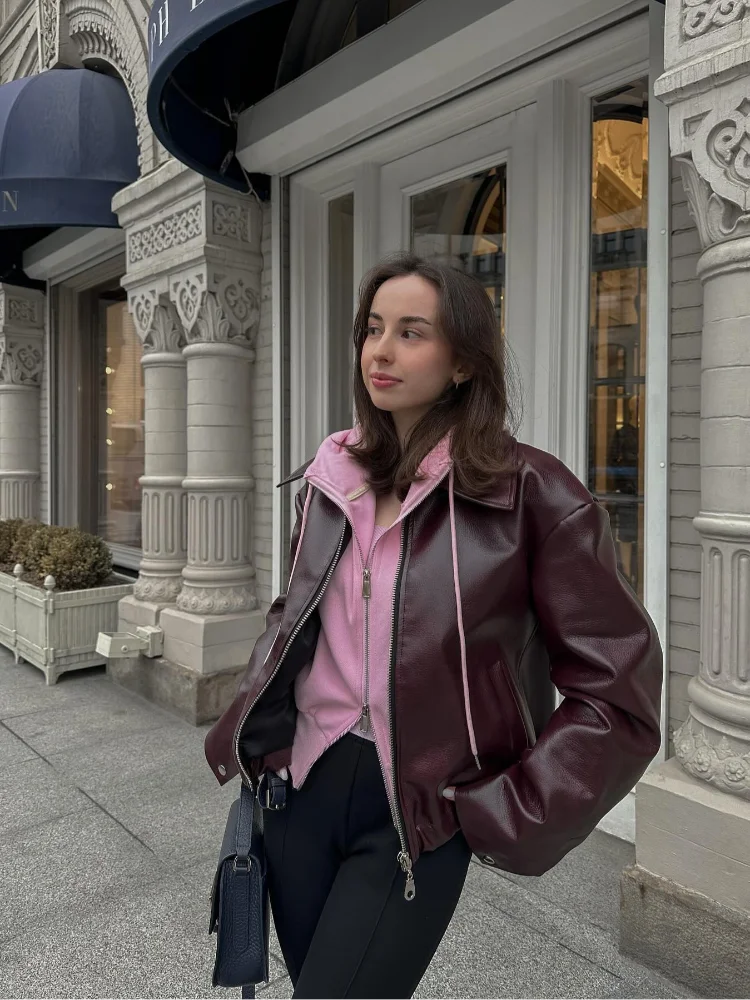 Street-wave Vegan Leather Jacket for Women with Notch Lapel Chic Short Bomber Style