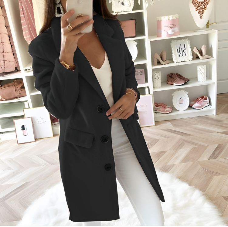 Street Wave Wool Blend Knee Length Coat With Large Buttons Classic Notch Lapel For Women
