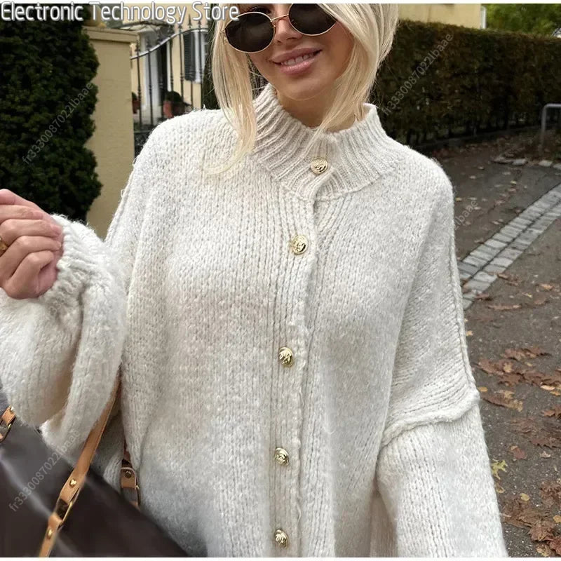 Street-Wave Knitted Cardigan Wool Acrylic Blend Button Front Cozy Yet Stylish For Women