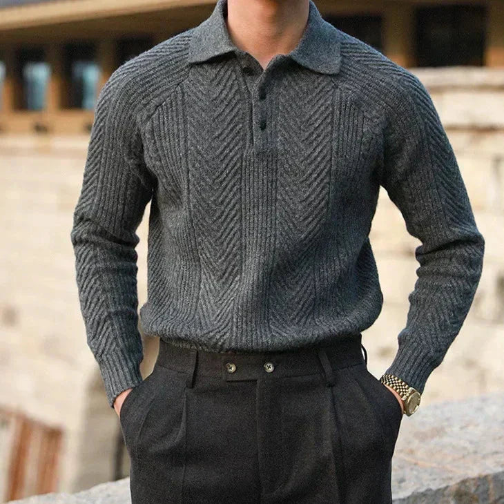 Men's Cable Knit Sweater With Polo Collar Slim Fit Long Sleeve Layering Knit Top
