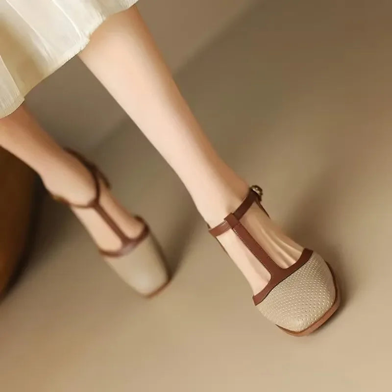Women's T-Strap Block Heel Shoes with Square Toe and Mid Heel