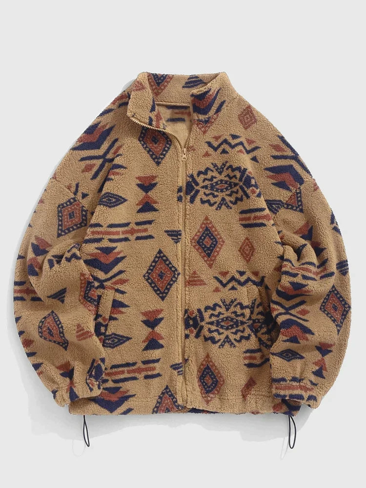 Street Wave Ethnic Print Fleece Pullover Jacket For Unisex Streetwear Cozy Warmth And Easy Layering