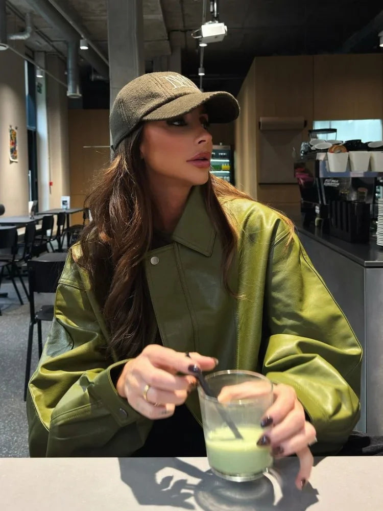 Street-wave Oversized PU Leather Jacket For Plus Size Women - Trendy Olive Green