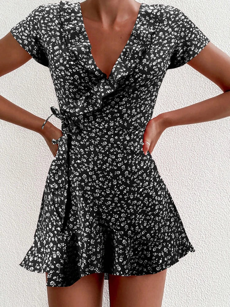 Street Wave Floral Wrap Dress For Women With Adjustable Tie