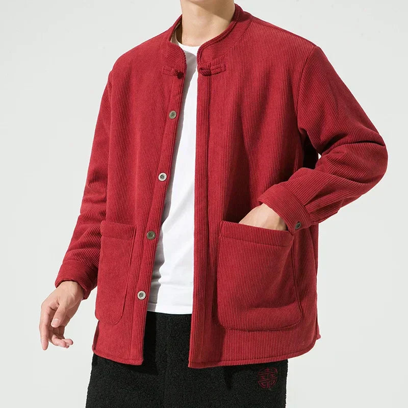 Streetwave Mens Corduroy Jacket With Large Pockets Fleece Lining Mao Collar Modern Retro Style