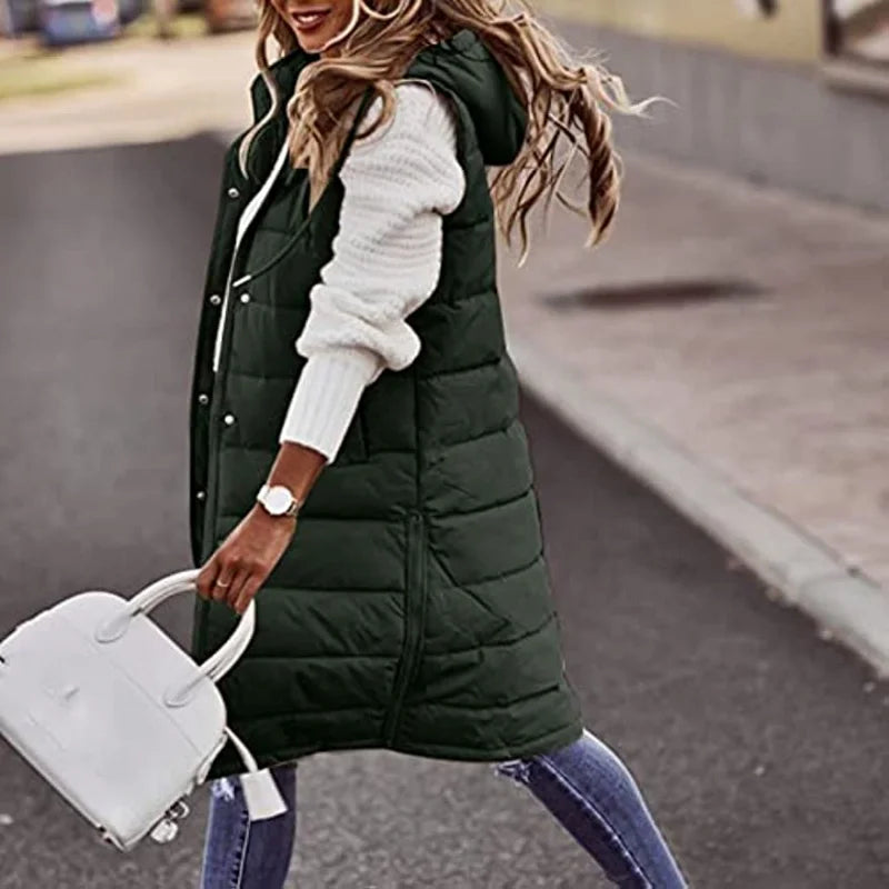 Streetwave Puffer Vest With Hood For Women Cozy Warm Longline Polyester Coat Trendy