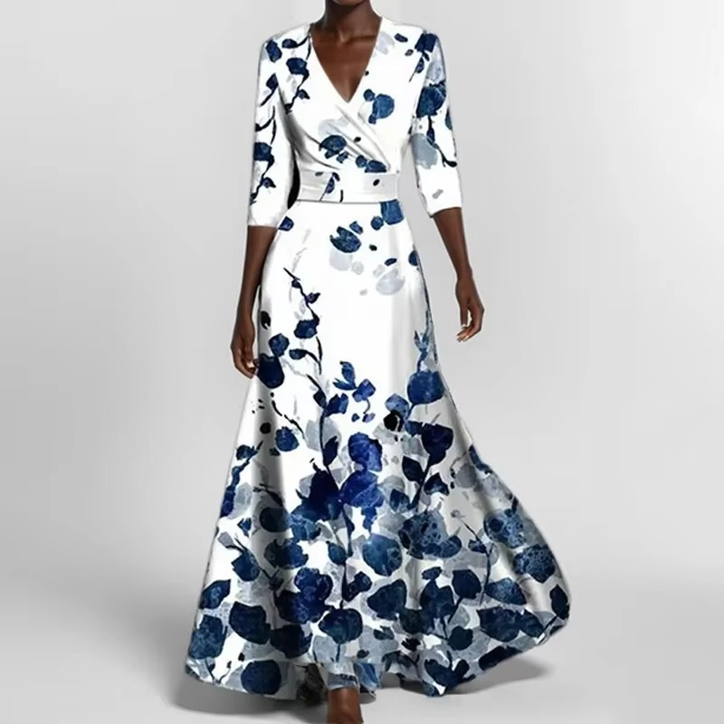 Elegant V Neck Long Printed Pleated Dress for Women