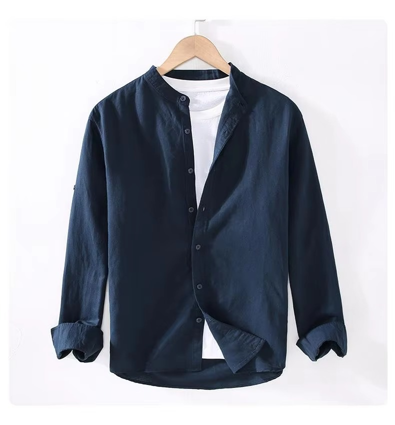 Street-Wave Men's Vintage Linen Stand Collar Long Sleeve Shirt Lightweight Breathable Button Up M To 3XL