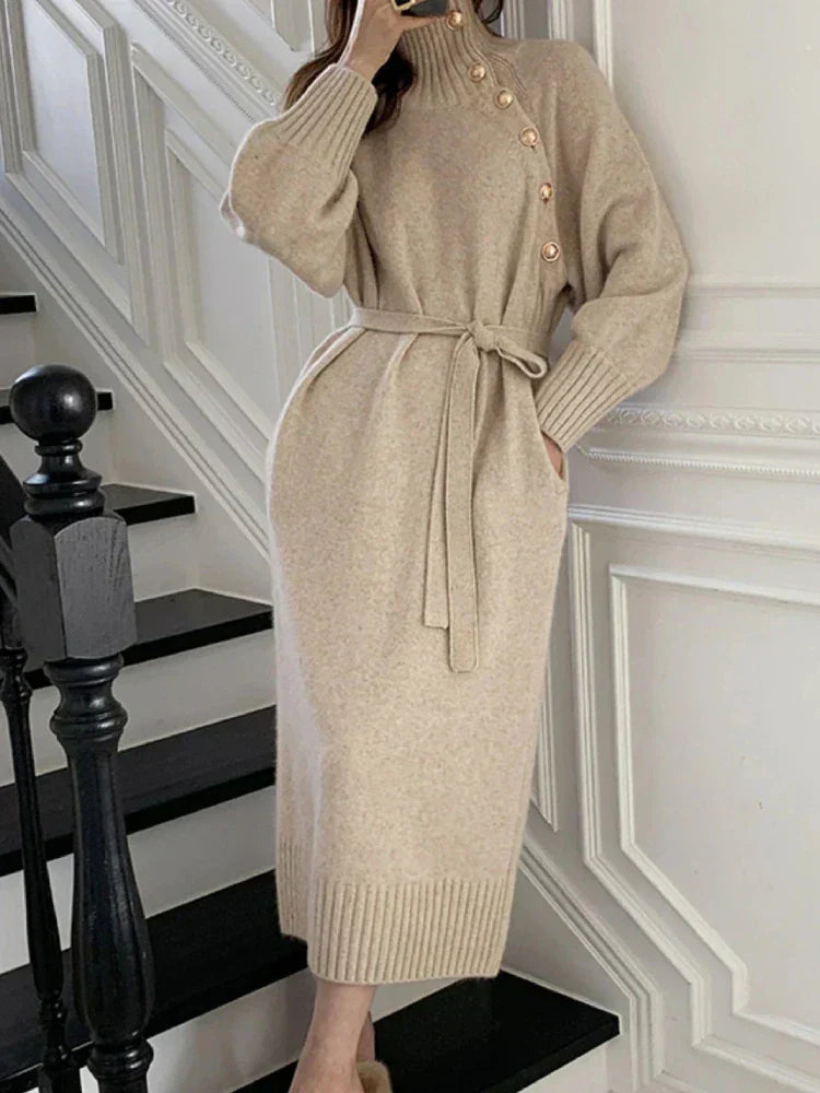 Street-wave Belted Knit Dress For Women - Timeless Elegant Cozy Sweater Style With Premium Comfort