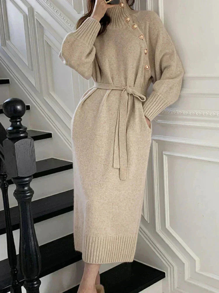 Street-Wave Belted Knit Sweater Dress For Women Cozy Effortless Winter Chic Warmth