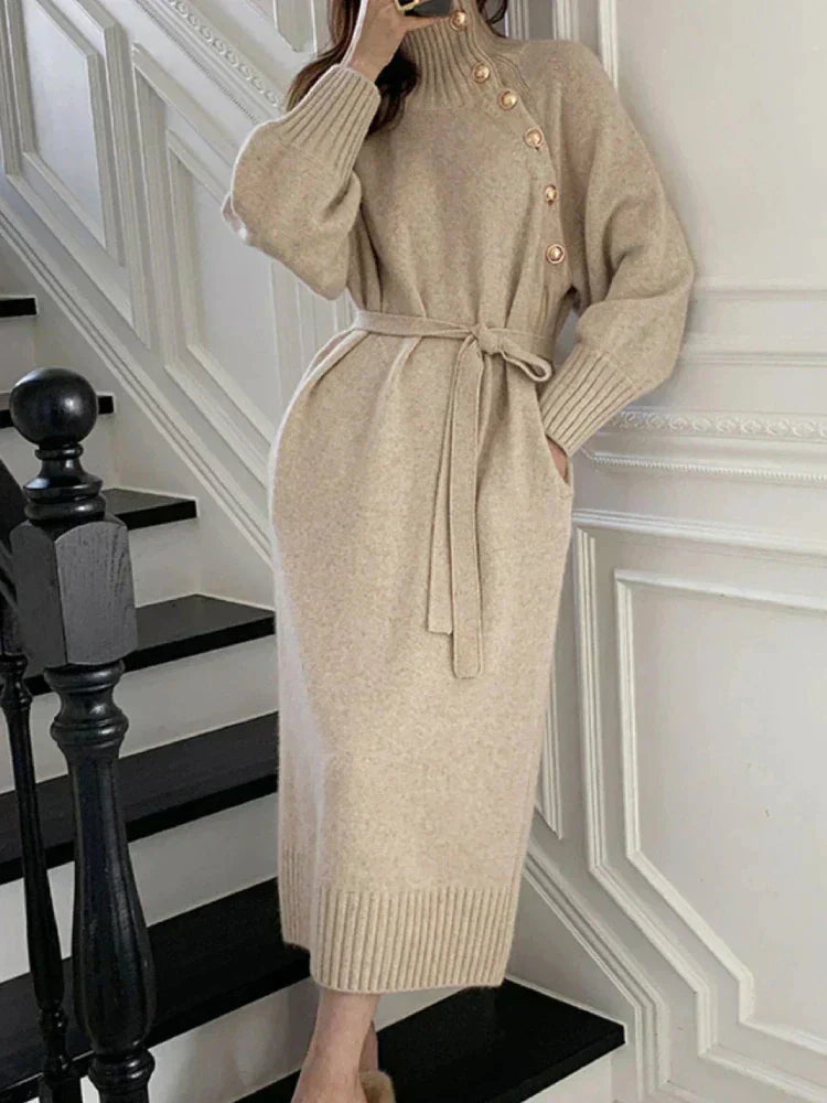 Street-Wave Cozy Elegant Knit Dress for Women Belted Silhouette with Soft Durable Fabric