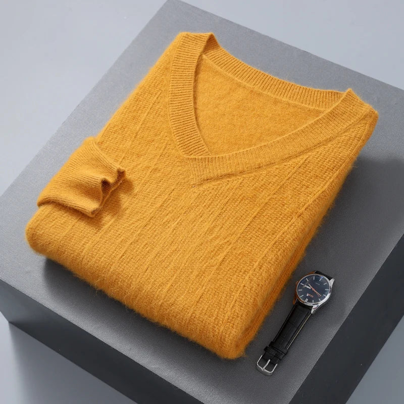 Nordisk Flair Mens Wool Blend V Neck Sweater Loose Fit Soft Knit Ribbed Hem Pullover