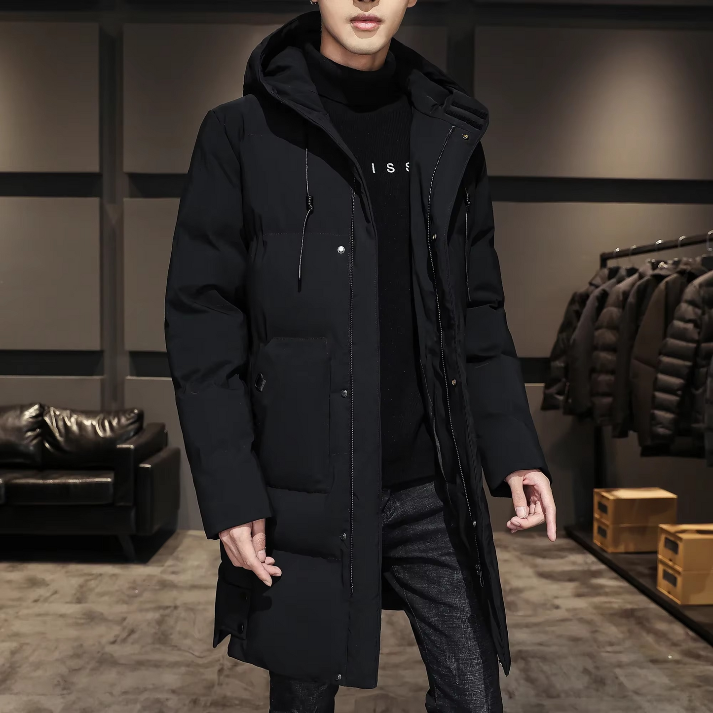 Street-Wave Mens Long Cotton Padded Parka Coat Warm Lightweight Solid Color Winter Jacket