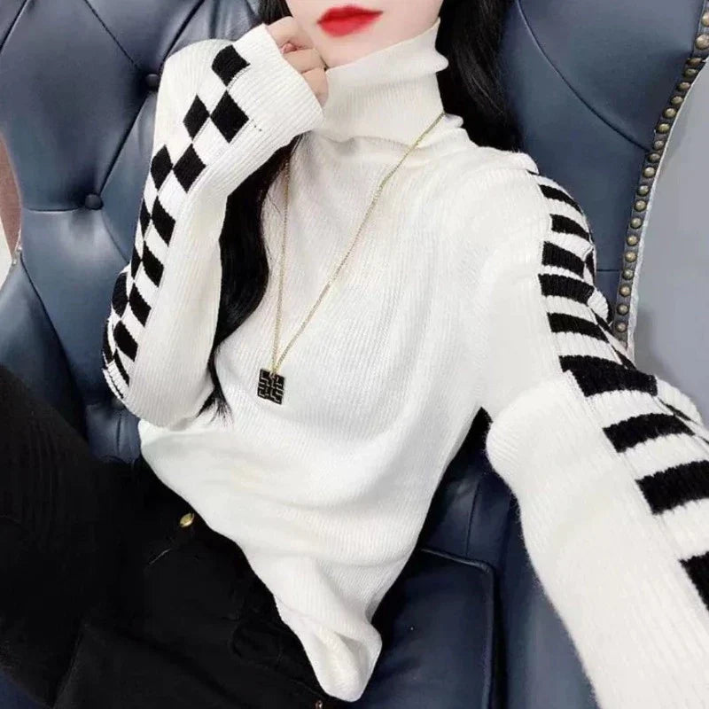 Street-Wave Checkered Turtleneck Sweater For Women Soft Cozy Knit Timeless Chic Wardrobe Essential