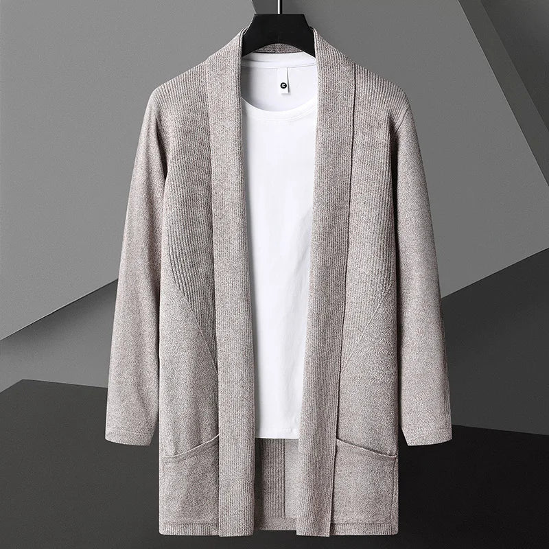Hollen Lightweight Long Drape Cardigan For Men In Matte Cotton Linen Blend Open Front With Hidden Pockets