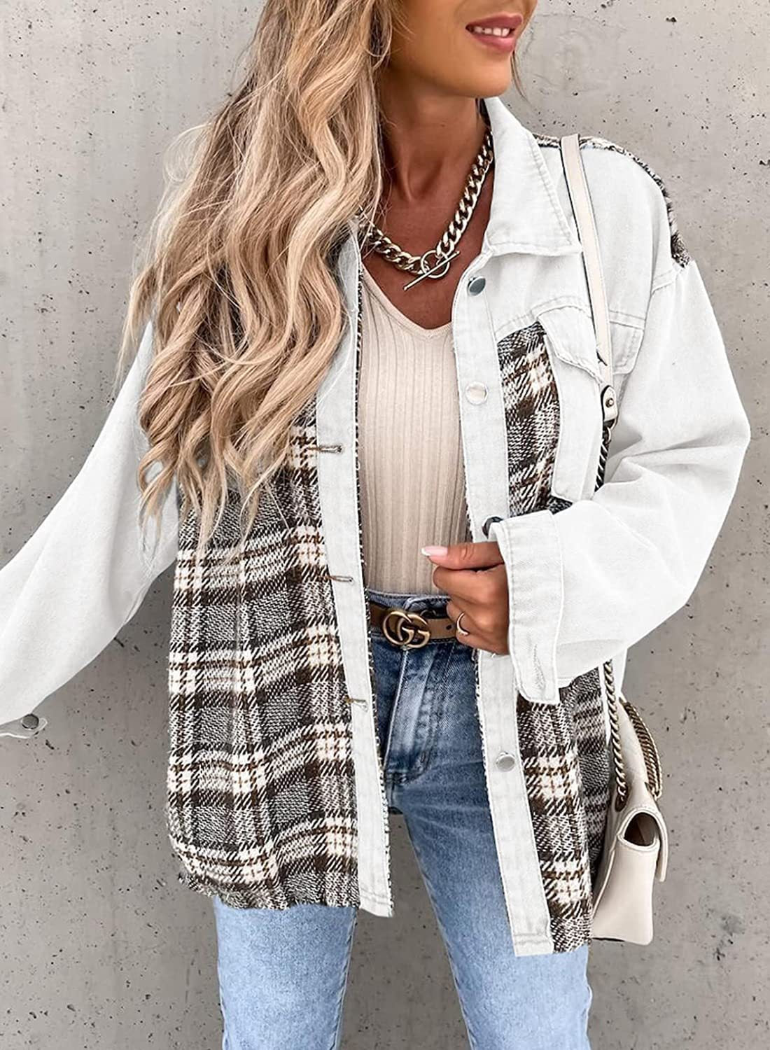 Denim Jacket With Button Front And Plaid Panel Versatile For Women Rosalind By Street Wave