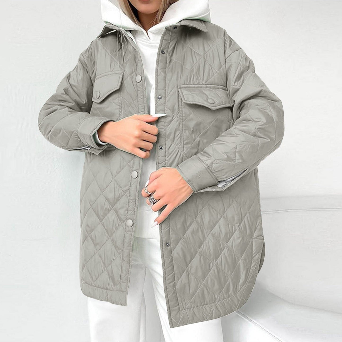 Street-Wave Long Quilted Coat With Snap Button Closure For Women Warm Winter Outerwear