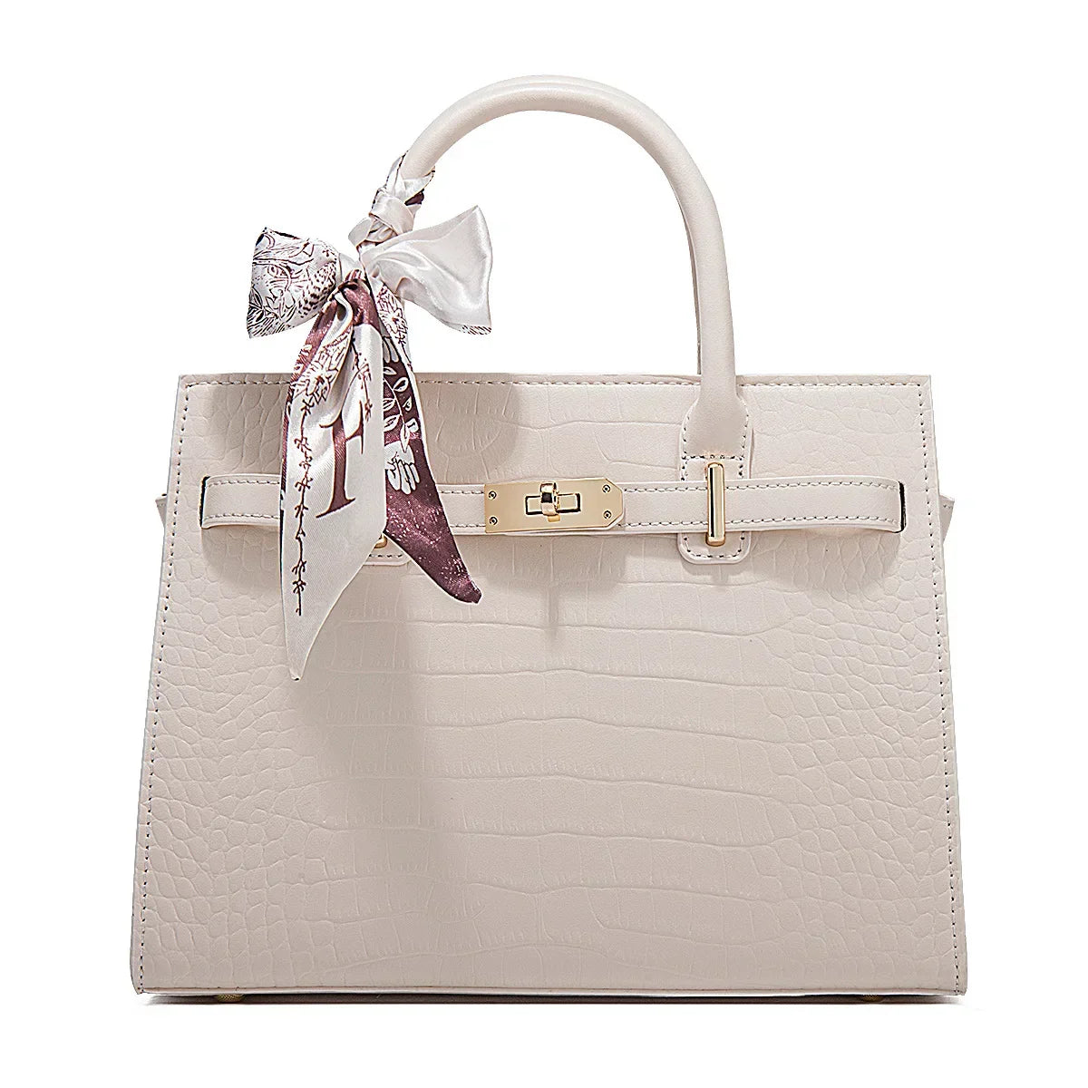Street-Wave Guiliana Davoli Croc Bag Vegan Leather Midi Structured Handbag with Scarf Accent and Gold Buckle
