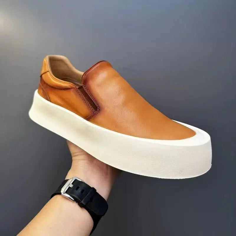 UrbanPulse White Leather Loafers For Men Slip On Platform Comfort Trendsetting Footwear