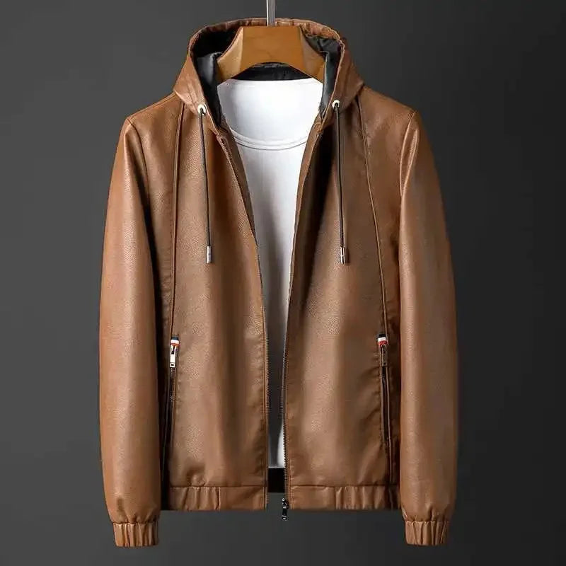 Streetwave Hooded Faux Leather Jacket For Urban Men Versatile All Weather Streetwear Comfort