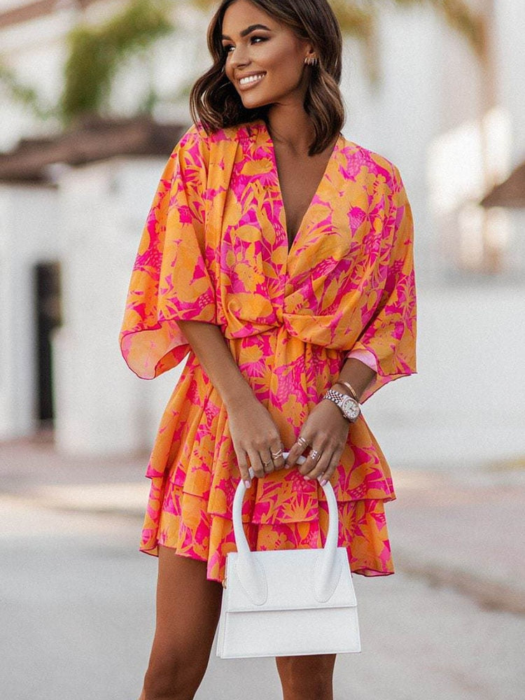 Street-Wave Floral V-Neck Mini Dress For Women With Knot Detail And Tiered Ruffle Skirt