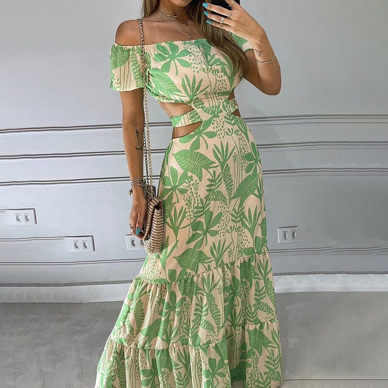 Street-Wave Off Shoulder Cutout Midi Dress For Women With Ruffles And Elastic Fit