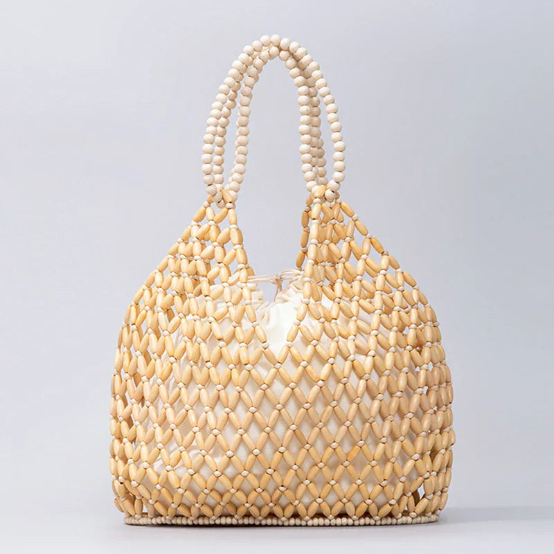 Street-Wave Ava Woven Handbag Handcrafted Natural Wooden Bead Pattern For Summer Style
