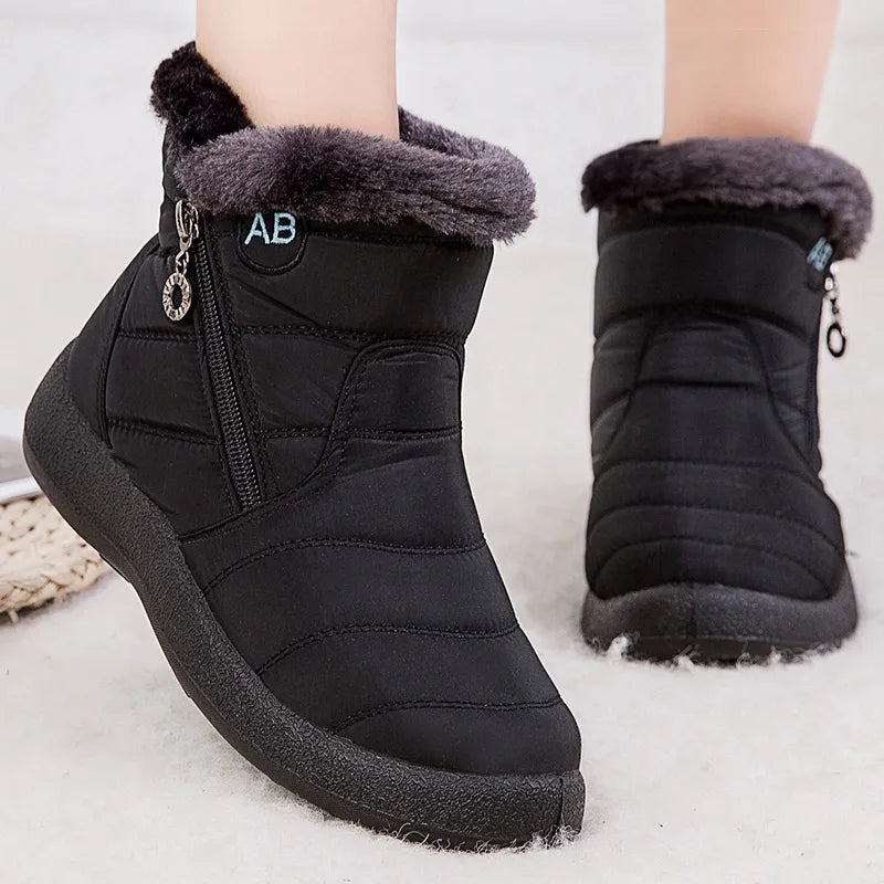 Street-Wave Snow Boots For Women Water-Resistant Ankle Boots With Plush Fur Lining And Side Zipper