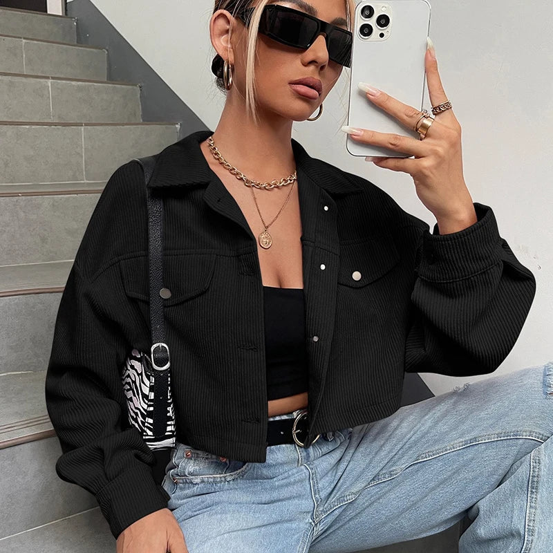 Street-Wave Corduroy Cropped Jacket For Women Effortless Comfort And Chic Versatility